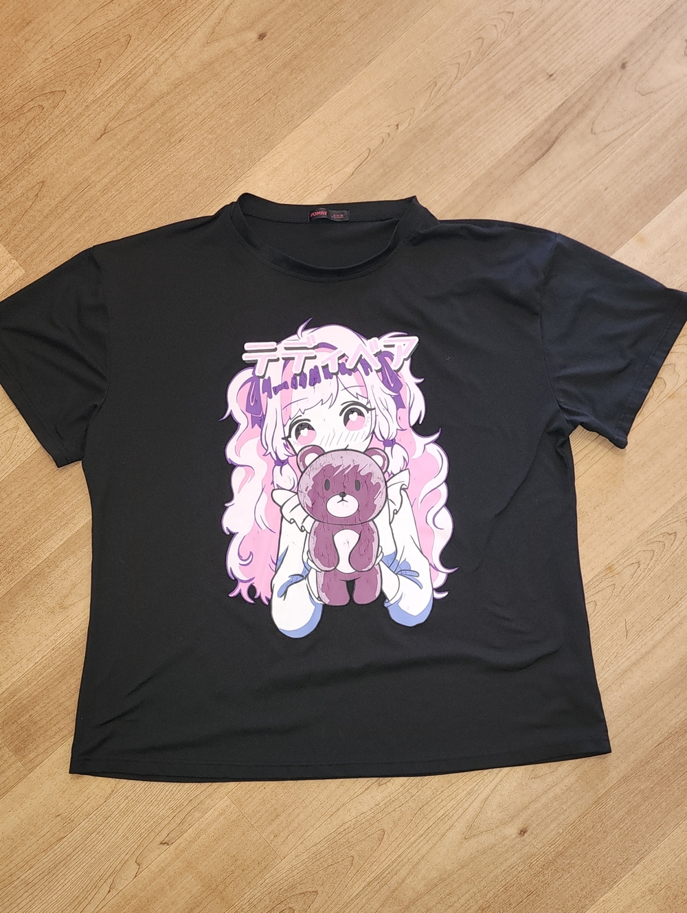 ROMWE Black Tee with Pink Anime Girl and Bear Graphic